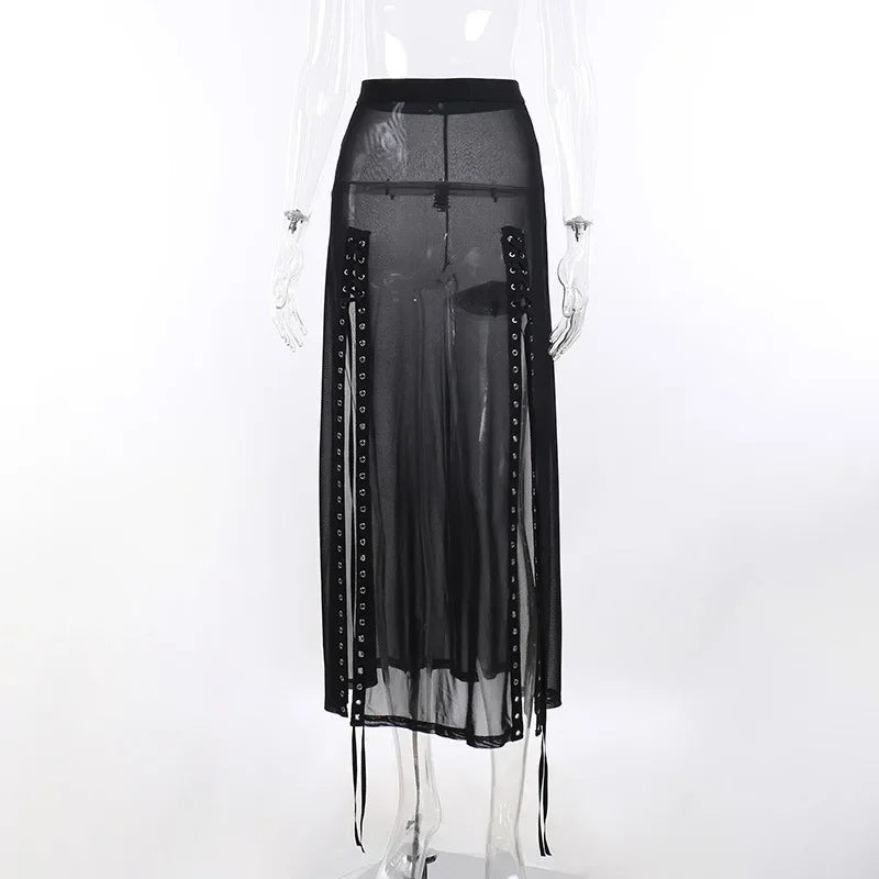Women’s Goth Mesh Skirt – Side Slit, Lace-Up, Punk Gothic Dark Faldas, Thin Summer Look