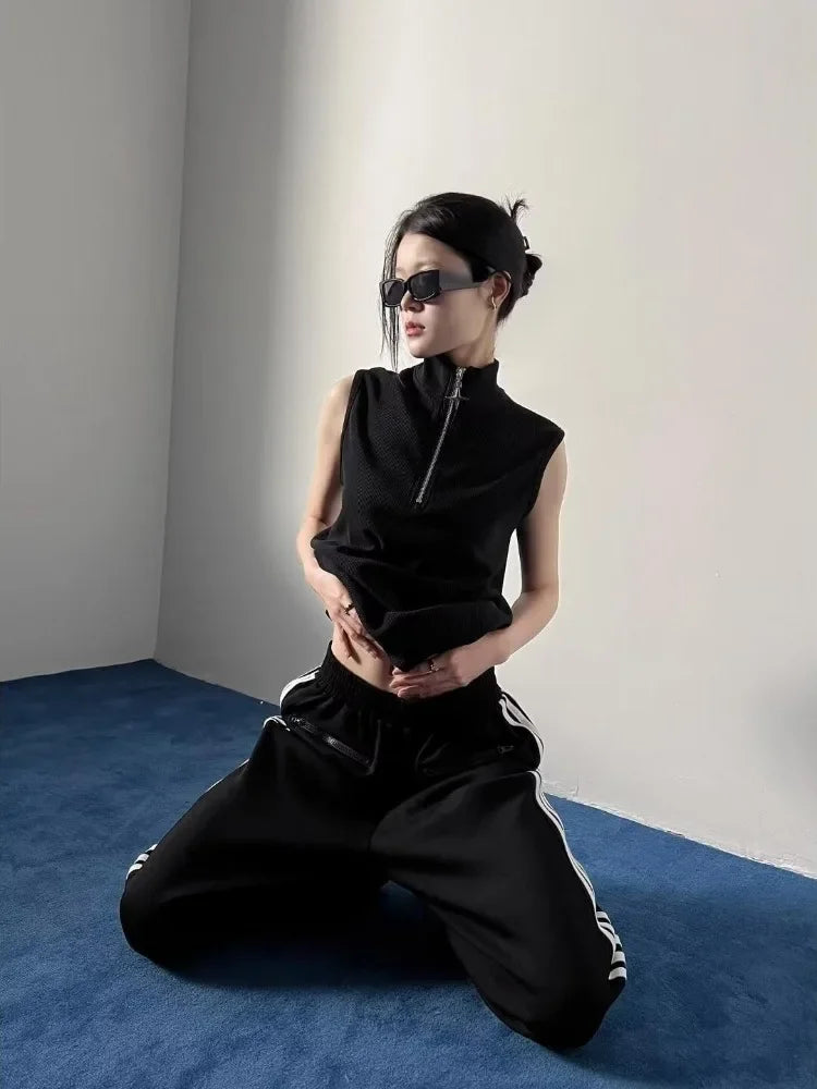 Vintage Stand Neck Zipper T-shirts Sleeveless Tanks Y2k Aesthetic Solid Camisoles Gothic Tank Top Men and Women Harajuku Punk