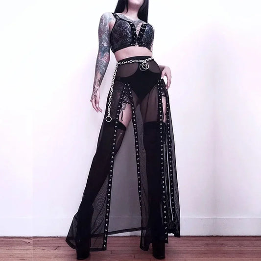 Women’s Goth Mesh Skirt – Side Slit, Lace-Up, Punk Gothic Dark Faldas, Thin Summer Look