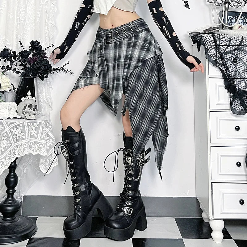 Dark Punk Goth Skirt – Irregular Hem, Plaid Pleated Mini, Women’s Y2K Streetwear Alt Fashion