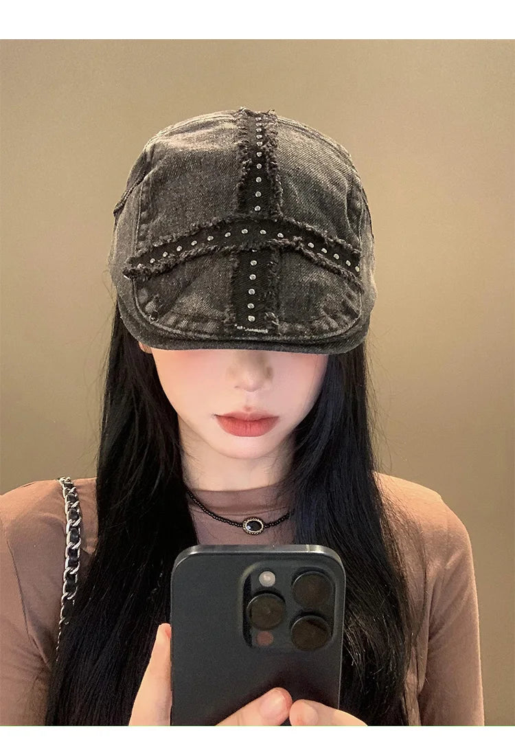 Women’s Retro Black Denim Beret – Vintage Washed Riveted Cap, Y2K Streetwear Fashion Hat for Girls