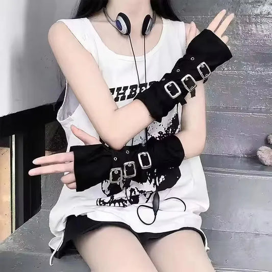 Goth Punk Buckle Strap Gloves – Fingerless Spandex Gloves for Women’s Cosplay & Fashion
