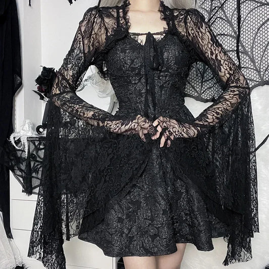 Lobovootd Gothic Lace Mesh Shrug Cardigan – Long Sleeve Cropped Top for Cosplay, Harajuku, and Streetwear Fashion