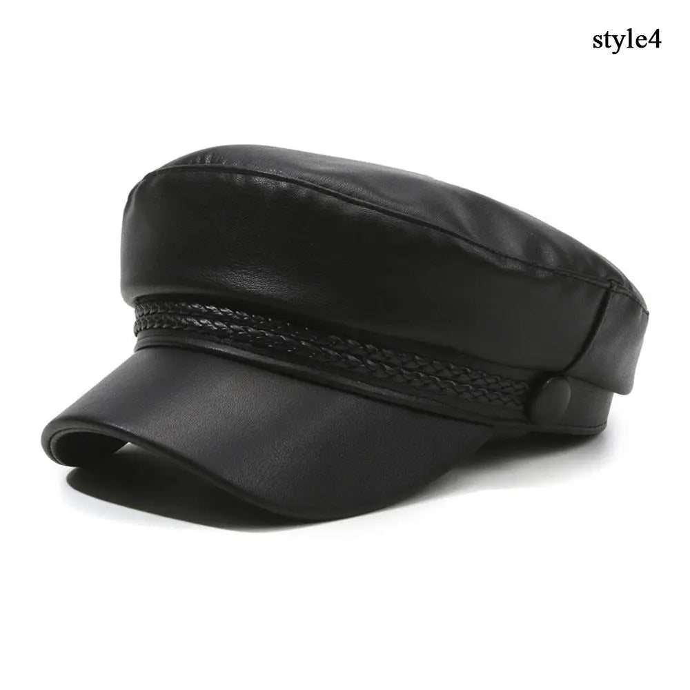 Retro England Black Leather Cap – Women’s Vintage Painter Hat, Flat Newsboy & Military Style Outdoor Cap