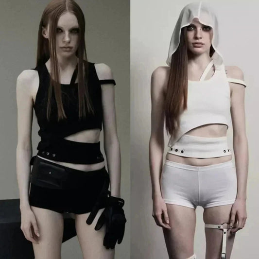 Edgy Punk Hooded Crop Top for Women – Street Fashion Sleeveless Tee, New 2025 Style