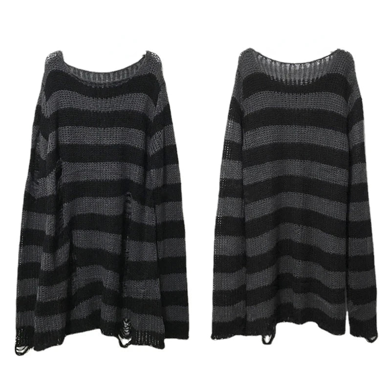 Punk Rock Distressed Sweater – Loose Striped Knit Pullover, Gothic Fashion