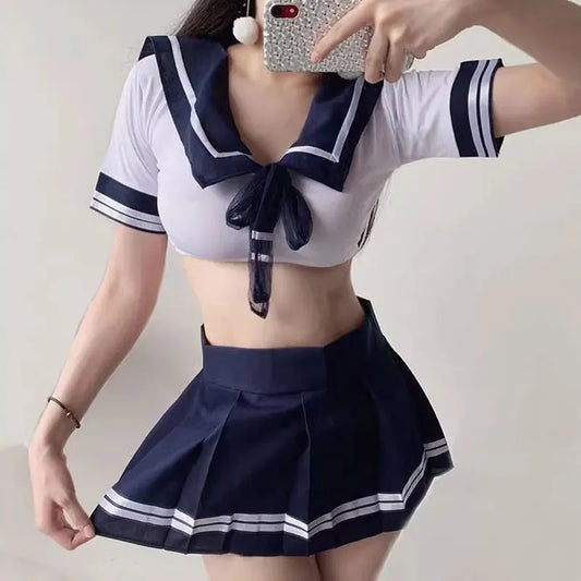 PCQWXZ Kawaii Schoolgirl Cosplay Set – Japanese JK-Inspired Pleated Skirt and Midriff-Baring Top for Anime and Roleplay Costumes